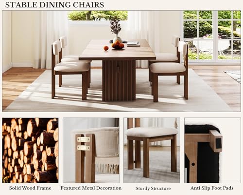 Image of HNY Modern Farmhouse Linen Dining Chairs Set of 6, Beige Fabric Upholstered Dining Room Kitchen Chairs with Natural Wood Frame & Curved-Back, Armless Accent Wood Chairs for Dining Living Room