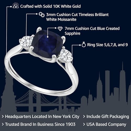 Gem Stone King 10K White Gold Blue Sapphire and White Moissanite 3-Stone Engagement Ring | 2.26 Cttw | Cushion 7MM | 3 Stone Wedding Anniversary Promise Gold Ring For Women2