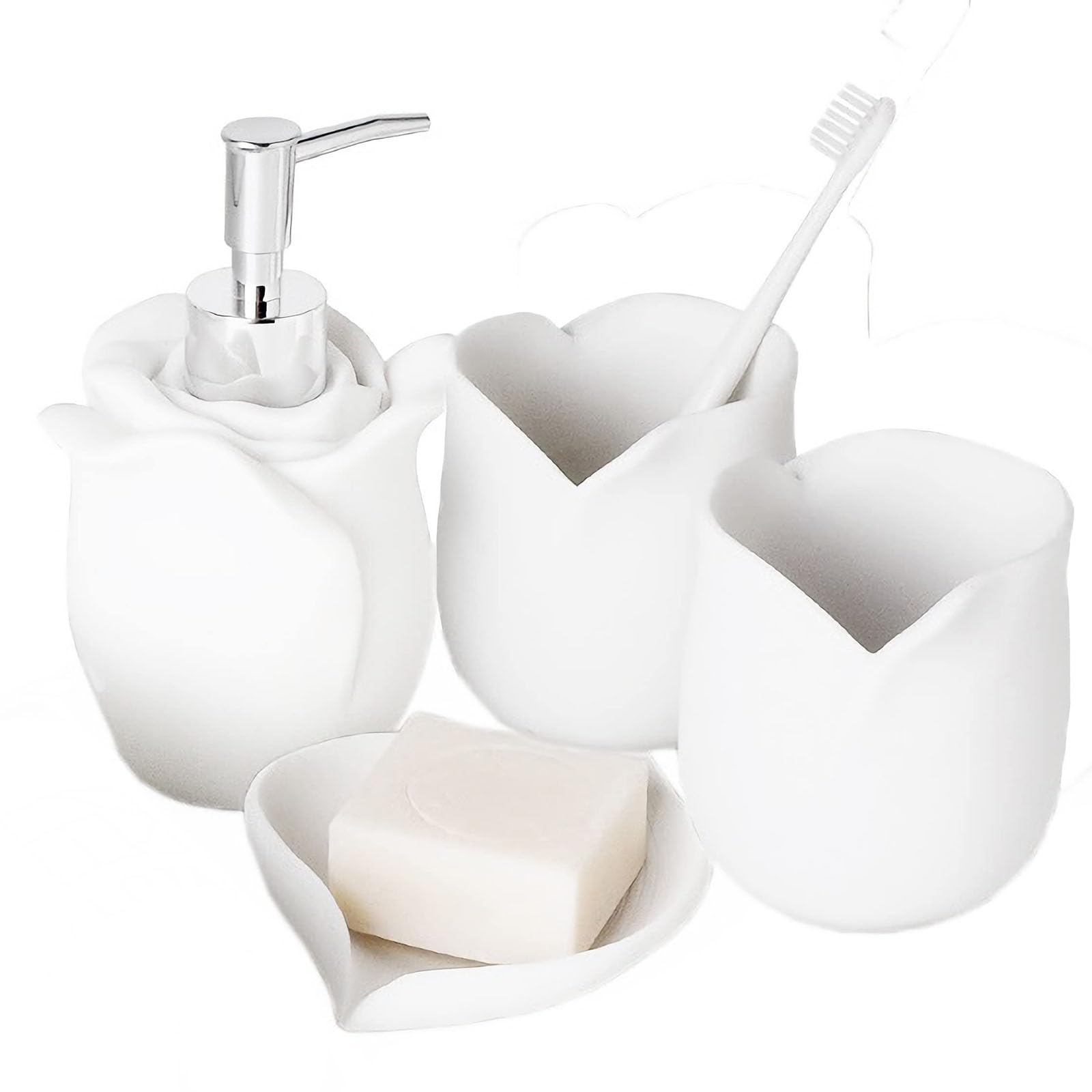 Moderno Decorativo 3D Rosas 4 Piezas Accesorios de Baño Set Dispensador de Jabón/Cepillo de Dientes TazaJabonera, 4 Piezas,Blanco