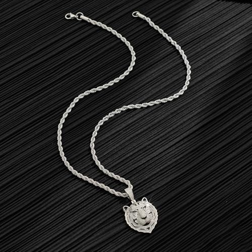 Silver Tiger Pendant Necklace for Men Stainless Steel Rope Chain Iced Out Tiger Head Necklaces with Green Gemstone Mens Pendant Necklace Hiphop Jewelry