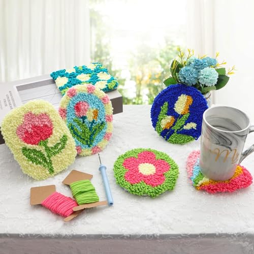 Image of maytopia Punch Needle Kit for Adults Beginners Easy Punch Needle Embroidery Kit DIY Punch Needle Coaster Kit Punch Stitching Kit with Patterns, Tools, Yarns, Hoop