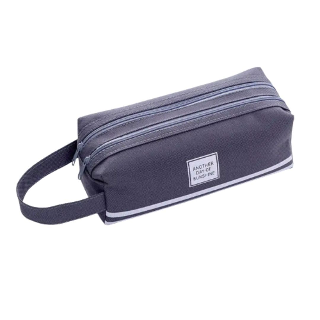 Estuche escolar grande dos compartimentos para material escolar, cartuchera organizador con cremalleras para niños y adolescentes. Neceser con asa gran capacidad para oficina y papelería (Gris)