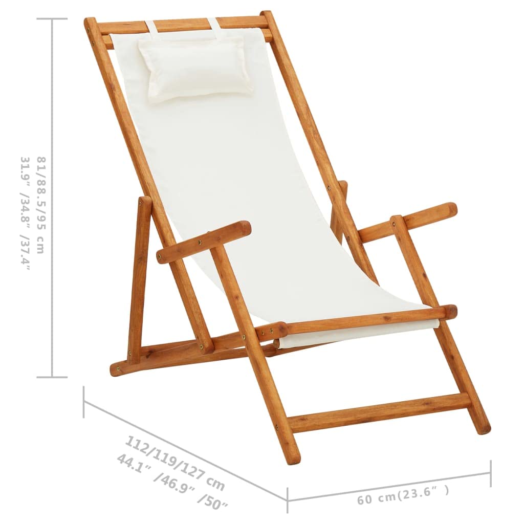 Genérico Silla Playa Madera Eucalipto Plegable 3 Posiciones | Marco de madera resistente, asiento de tela crema, capacidad 110 kg, plegable para transporte