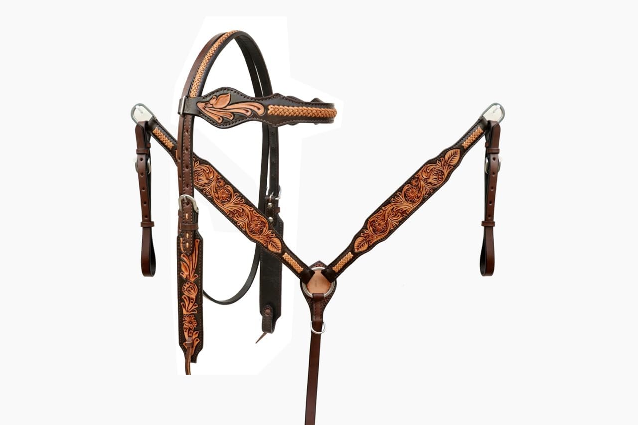CHALLENGER Horse Western Brown Floral Tooled Braided Leather Bridle Breast Collar Tack Set 78RS08