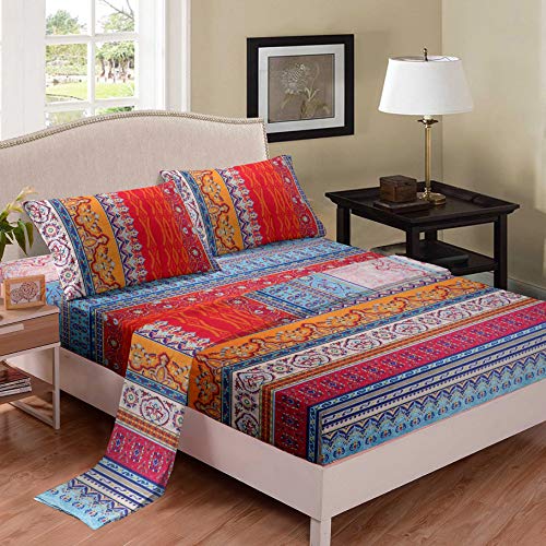 Bohemian King Bed Sheets Red Boho Sheet Set 4 Piece Super Soft Microfiber Colorful Tribal Striped Bed Sheets Set + Deep Pocket Fitted Sheets + Exotic Flat Sheet + Retro Decor 2 Pillow Shams Adult #TOP25