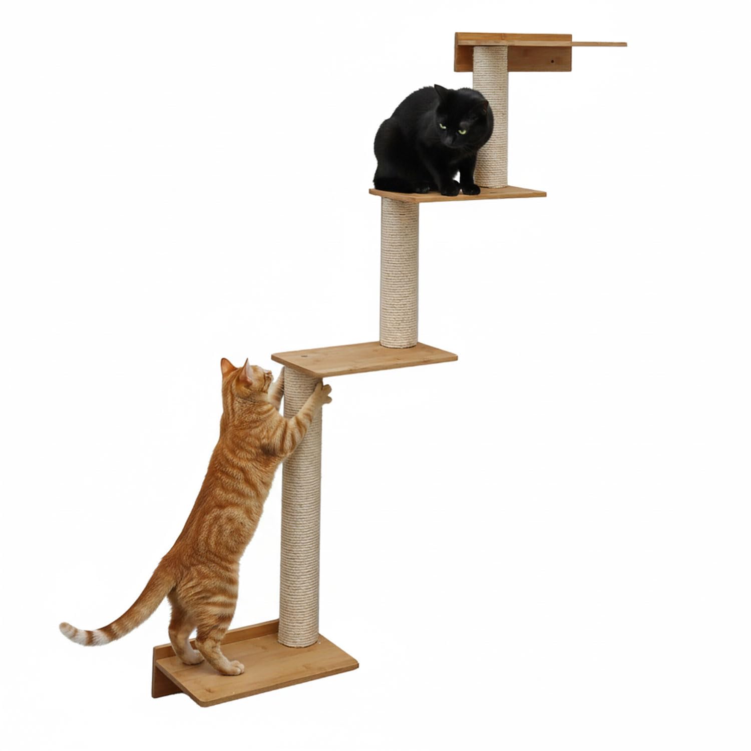 eyepower 143 cm Tiragraffi da Parete Milo con 4 Piattaforme in Bambù - Albero per Gatti Salvaspazio con Ripiano - Colonna in Sisal Naturale - Gioco da Arrampicata - Percorso da Muro Set Mensola Gatto