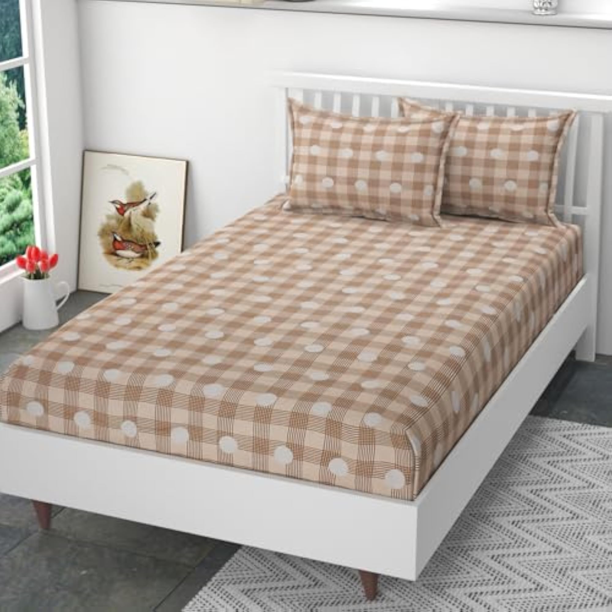 Polycotton Premium Printed Supersoft Elastic Fitted Single Bed Bedsheet with 2 Pillow Covers, Brown