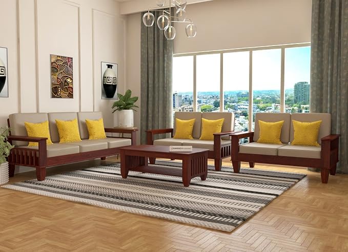 Image of Sheesham Wooden 7 Seater Sofa for Living Room | Rosewood 7 Seater Cushion Sofa with Side Newspaper Holder for Home & Office | Solid Wood Sofa Set for Lounge (Mahogany,3+2+2 Seater)