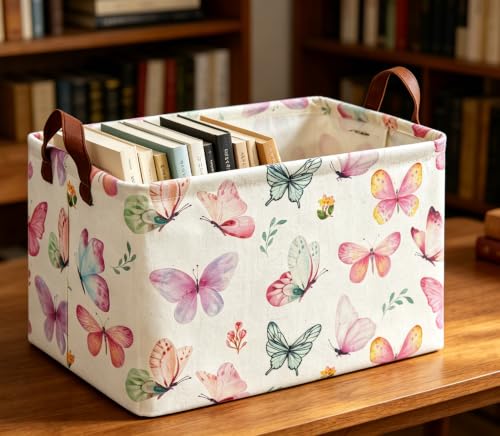 Image of Rectangle Pink Butterfly Storage Basket, Collapsible Storage Bin, Books Box, Gift Basket(Pink Butterfly)