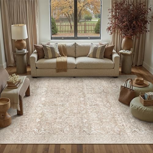 Beige Area Rug 5x7 Washable Neutral Living Room Vintage Non Slip Carpet Low Pile Soft Thin Indoor Bedroom Retro Floral Accent Throw Rug for Office Kit