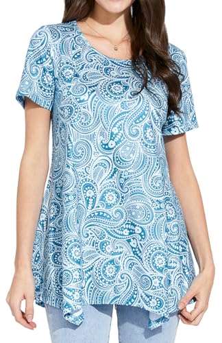 Enmain Tunika Damen Sommer Kurzarm Große Größen Blaue Paisley T Shirts Bluse Elegante Longbluse Longshirt Oberteile Tops Lässig 3XL