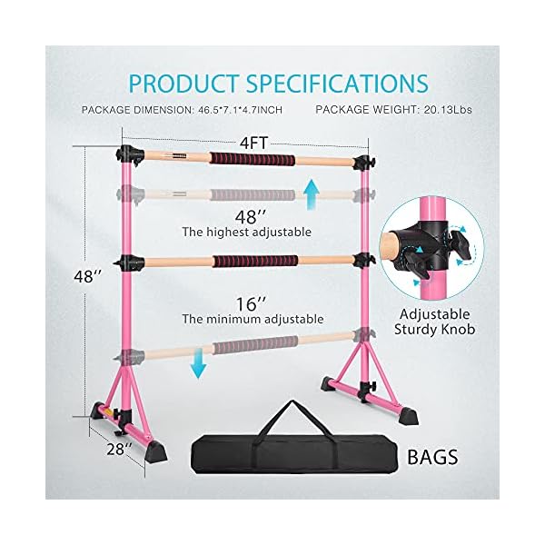 VIVOHOME Portable Anti-Slip 4ft Adjustable Ballet Barre Bar with Beechwood, EVA Pad for Home Gym Double Stretching Freestanding Dance Equipment 330LBS Capacity Stable Pink