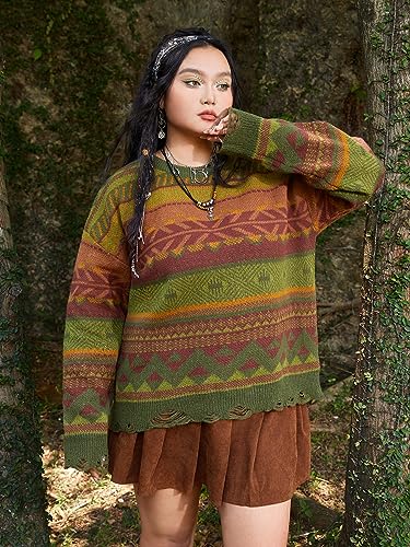 Image of Verdusa Women's Plus Size Graphic Print Drop Shoulder Distressed Sweater Pullover Top Green Brown 3XL