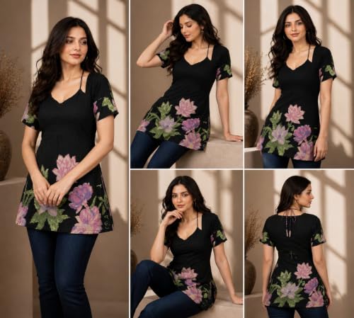 Image of Women's Floral Laila Cut Short Kurti Cotton V-Neck with Lining, Lightweight Short Sleeve Tunic, Breathable, Casual & Office Wear