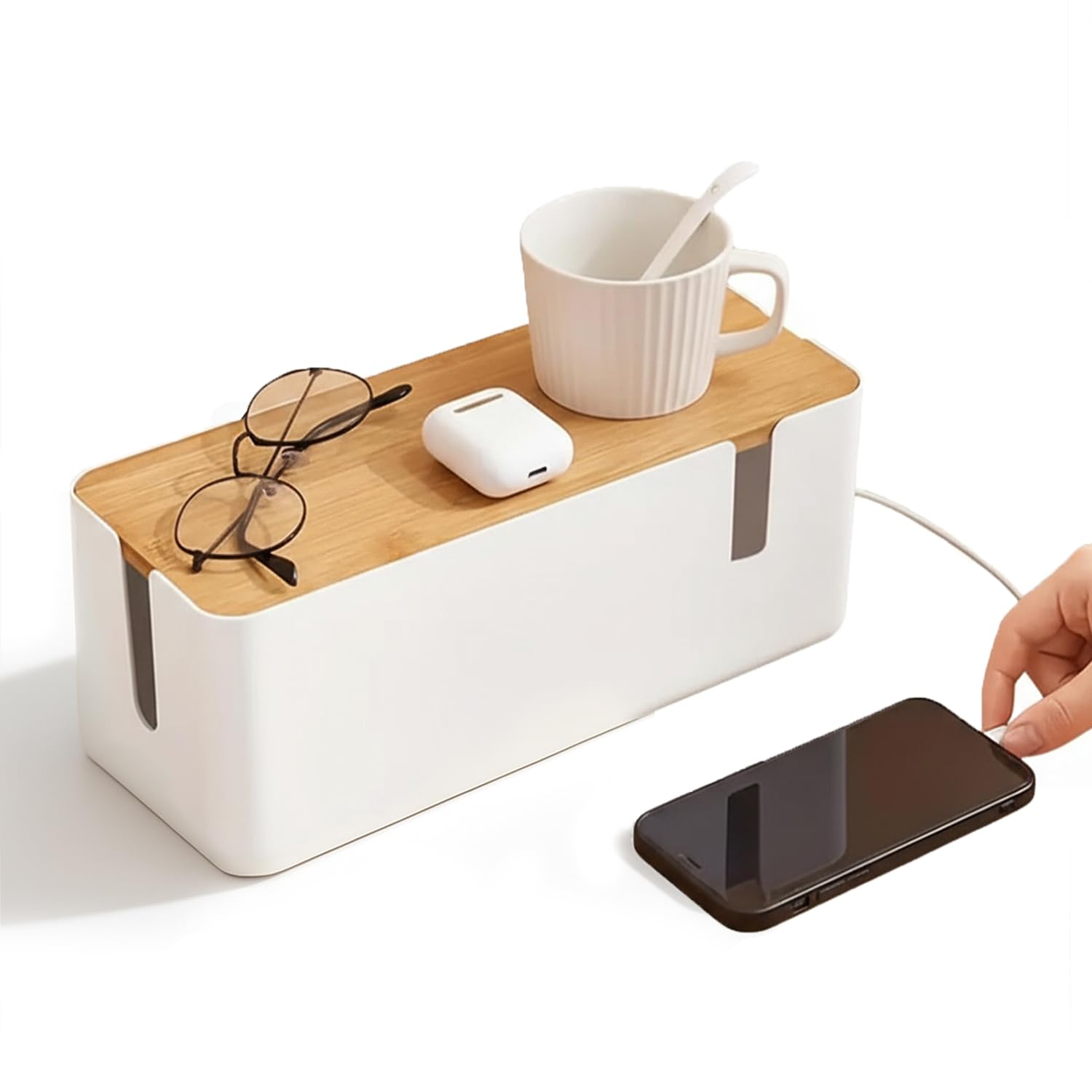 AMERTEER Cable organize Box,Cable Management Box, with Bamboo Lid To Cover And Hide & Power Strips & Cords for TV Computer Router Hub Under Desk Office