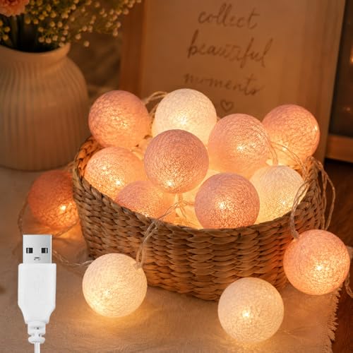 ALEGRE® Guirlande lumineuse avec 10 boules en coton - 1,5 m - Avec USB - 4 cm - Pour chambre d'enfant et fille - Or rose