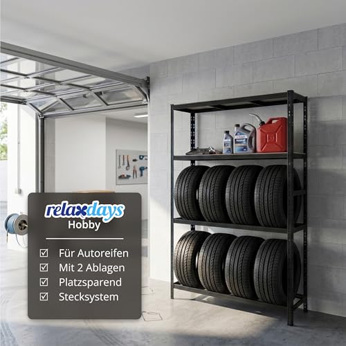 Relaxdays Reifenregal für 8 Reifen, HxBxT 180 x 110 x 40 cm, 600 kg, Stahl, Stecksystem, Reifenlager Werkstatt, schwarz