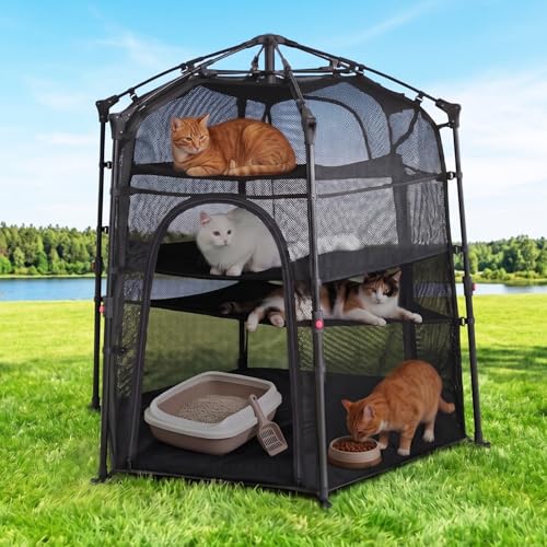 Image of Catio Outdoor Cat Enclosure Pop up Cat Tower Tent Cat Playpen w /Breathable Mesh Portable Catio Kitten Pet Animal Play Pen Indoor Enclosed Kitty Patio Balcony Camping(Hexagonal,XL)