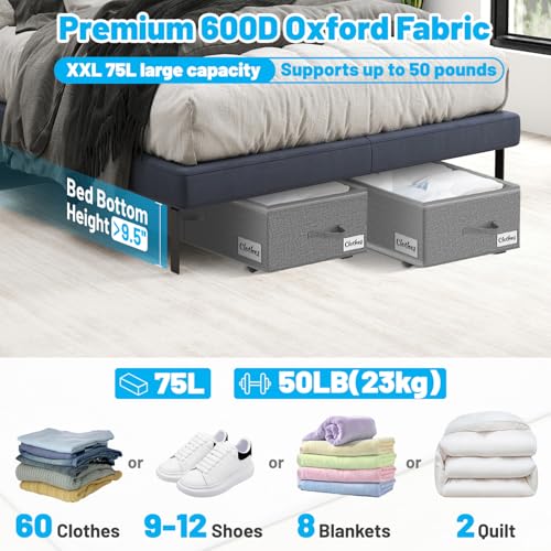 Image of Under Bed Storage with Wheels, 2-Pack 10 inch Height XXL 75L Rolling Storage Bins, Quick Assembly Underbed Shoe Storage Containers with Clear Lid & Label, Dorm Under Bed Drawers for Clothes, Shoes, Black