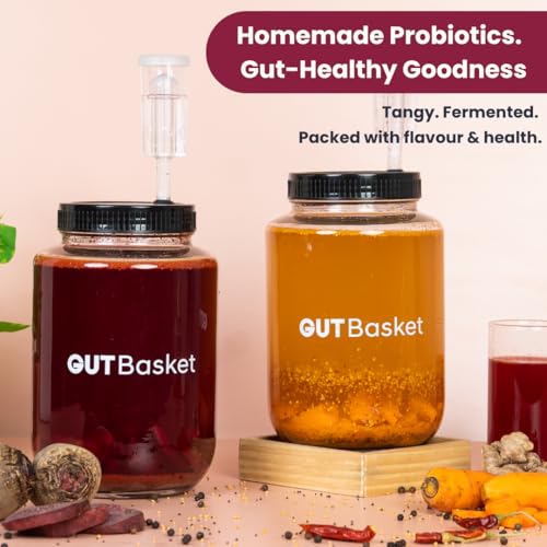 Image of Gutbasket Kanji Making Kit | 2L Glass Jars for Kanji (Set of 2) with Airlocks, Kanji Jar Lids, Recipe Book & Sea Salt | Perfect Kanji Jars for Fermentation & Gut Health
