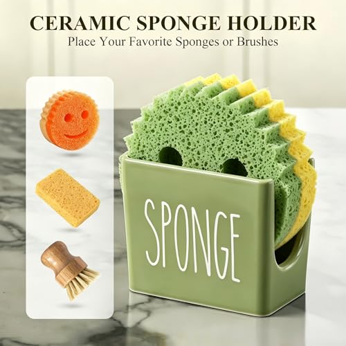 Image of Cisily Olive Green Kitchen Soap Dispenser Set with Ceramics Sponge Holder | Stainless Steel Silver Pumps, and Instant Dry Tray, Hand and Dish Soap Dispenser Set, Kitchen Sink Olive Green Decor