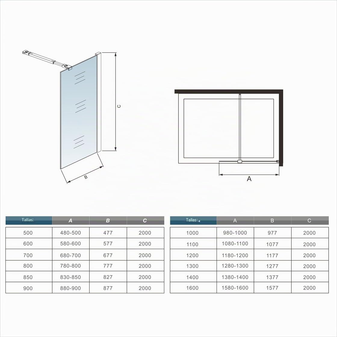 Mampara walk-in, Mampara de ducha fija de 140x200cm,Vidrio templado de 8mm tratamiento antical/Easyclean