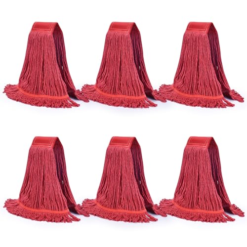 Onesimus Synthetic Rayon Mop Head Replacement, Chemical Resistant Heavy Duty Commercial Mops for Floor Cleaning and Finishing, 5 Inch Wide Headband, Medium Size 20 oz, 6 Pack Red