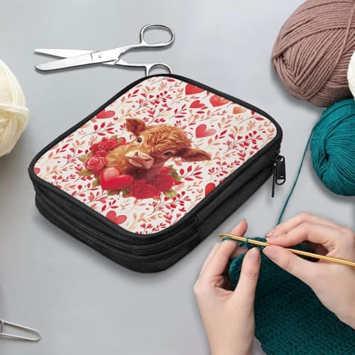 Image of Highland Cattle Crochet Hook Case Rose Portable Knitting Needle Organizer for Valentines Day Crochet Organizers and Storage Lightweight