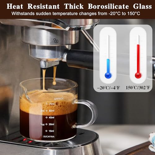 WATUNID 4 filiżanek do espresso ze szczotką, 75/150 ml, kubek z miarką, szklany z podwójnym dziobkiem i skalą, uchwytna