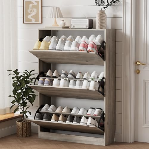 Image of Xixini Shoe Storage Cabinet for Entryway with 3 Flip Drawers, Sturdy Wood Hidden Shoe Storage, Freestanding Narrow Slim Shoe Organizer for Front Door Entrance, Living Room, Hallway, Bedroom, Grey