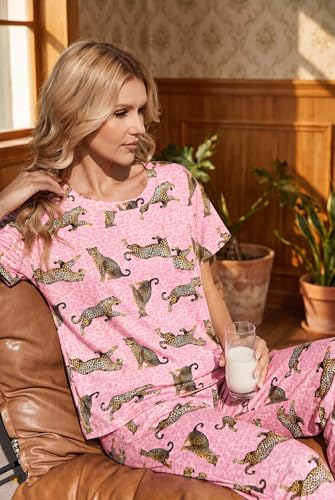 Image of Ekouaer Womens Satin Silky Pajama Set Short Sleeve Shirt with Long Pajama Pant Set Soft PJ Loungewear