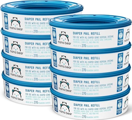 Image of Amazon Brand-Mama Bear Round Diaper Pail Refills for Diaper Genie Pails, Odor Control, Unscented, 2160 Count (8 Packs of 270), Compatible with Diaper Genie Complete, Elite and Expressions Pails