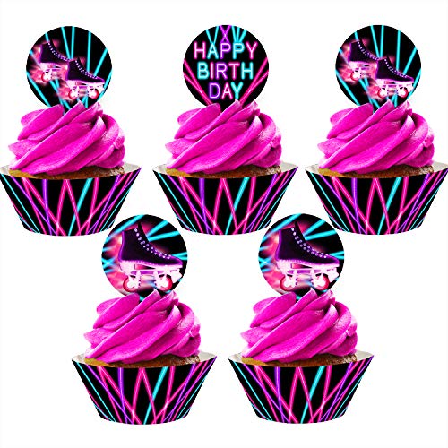 Roller Skating Cupcake Toppers and Wrappers - 24 Cupcake Toppers and 24 Cupcake Wrappers - Roller Skating Party Supplies - Roller Skating Party Decorations - Glow Cupcake
