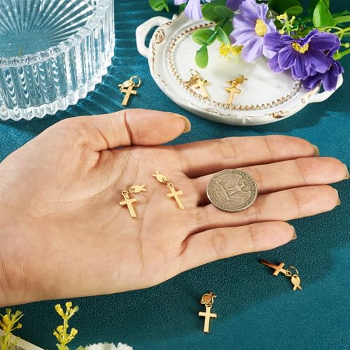 Image of 10Pcs 18K Gold Plated Cross Charms Brass Golden Crucifix with Fish Pendants Metal Permant Jewelry Charms with Jump Ring for DIY Bracelets Necklaces Earring Jewelry Making