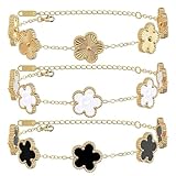 KINFERTE 18K Gold Plated Clover Bracelet Dupes Gold/White/Black Bracelet Set for Women Flower Lucky Clover Bracelets Trendy Jewelry Birthday Gifts for Women/MoM/Friends/Besties/Sister