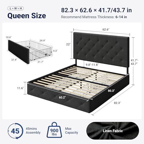 Image of Allewie Upholstered Queen Size Platform Bed Frame with 4 Storage Drawers and Headboard, Diamond Stitched Button Tufted, Mattress Foundation with Wooden Slats Support, No Box Spring Needed, Dark Grey