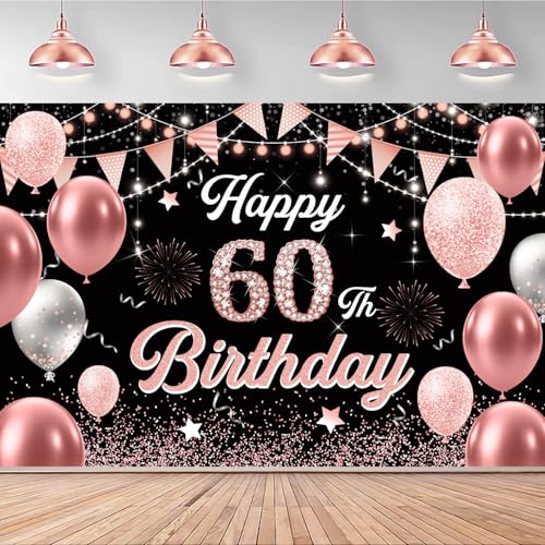 Image of 60th Birthday Decorations for Women - Happy 60th Birthday Banner Decorations Cheers to 60 Years Birthday Party Indoor and Outdoor Decoration Suppiles Pink Backdrop for 60th Birthday Party Favors Decor