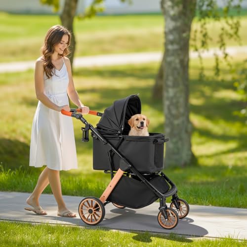 MAMIZO Faltbarer Hundebuggy One-Touch, Faltbar Katzenwagen, Bis 25 kg, Aluminium-Carbonstahl-Gestell, Höhenverstellbarer Griff, Getränkehalter, 4 PCS 360° Gummiräder, für kleine Hunde Katz, Schwarz