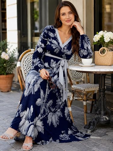 Image of PinkPatty Women's Long Sleeve Maxi Dress Plus Size Casual V Neck Wrap Dress with Pockets&Belt