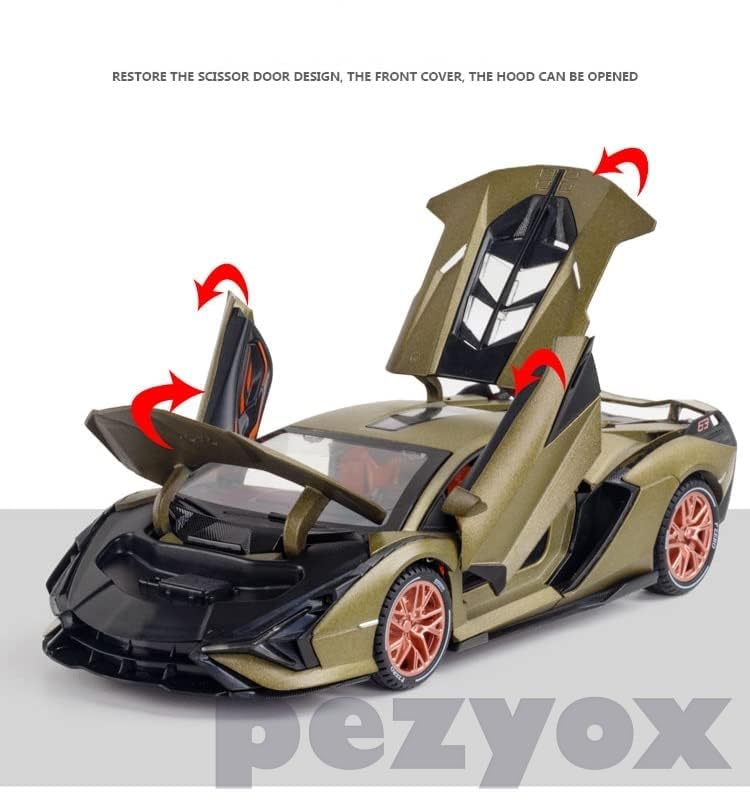 Image of 1 /24 Big Lamborghini SIAN Toy Car Metal Pull Back Diecast Car with Openable Door and Sound Light, Gifts Toys for Kids (Army Green)