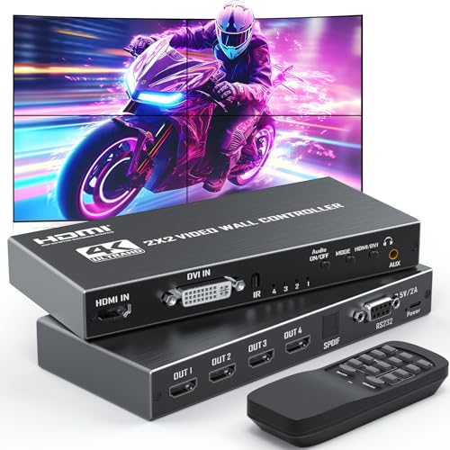 Video Wall Controller 2x2, HDMI DVI TV Wall Controller Processor, with 1080P@60Hz Output, 9 Splicing Modes, 180° Rotate, 2x2, 1x2, 1x3, 4x1, 4 Monitors Spliced Together to Display a Full Page