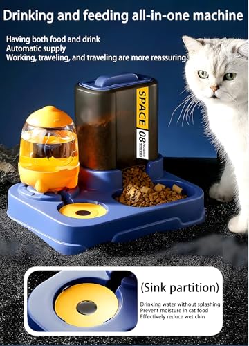 Image of 24x7 eMall 2 in 1 Automatic Water and Food Feeder Dispenser for Small Medium Big Dog Pets Puppy Kittens, Gravity Design Pet Auto Feeder Cat Food Dispenser and Auto Dog Water Dispenser 1 L Space Blue