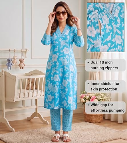 Image of DUMMY SHAPE Feeding Kurtis for Women Cotton Blend | Floral Kurta Pant Dupatta Set with Nursing Zippers to Pre & Post Partum | Maternity Dresses | Mom to Be Gifts for Pregnant Woman