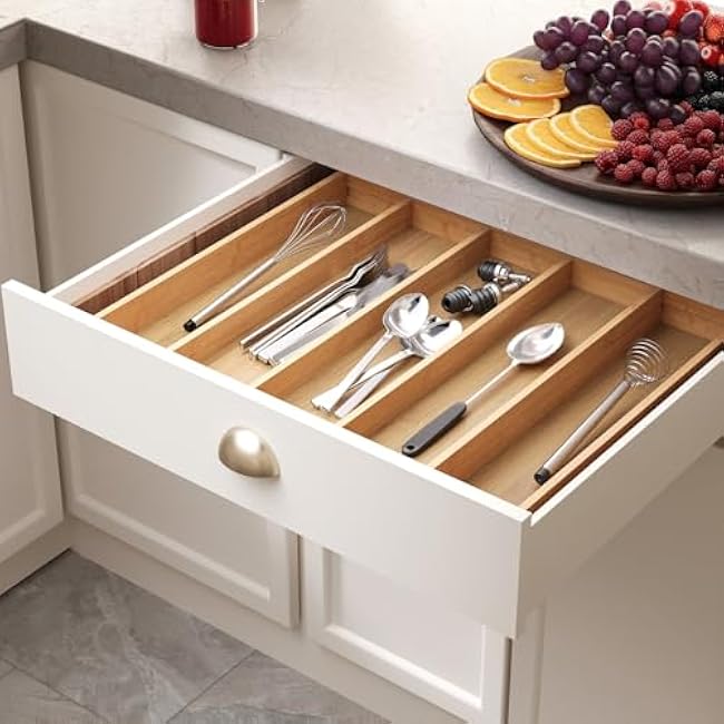 Expandable Kitchen Drawer Organizer,Bamboo Silverware Organizer,Adjustable Flatware Tray for Utensils(16.92 * 13.30~22.83 * 1.96)