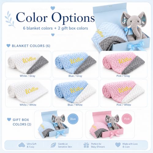 Image of Personalized Baby Blanket with Elephant Set for Baby Boy Gifts | Custom Baby Blanket with Name, Customized Blankets & Elephant Gift Set for Birthday, Flannel Dot Swaddle Gift for Baby Shower