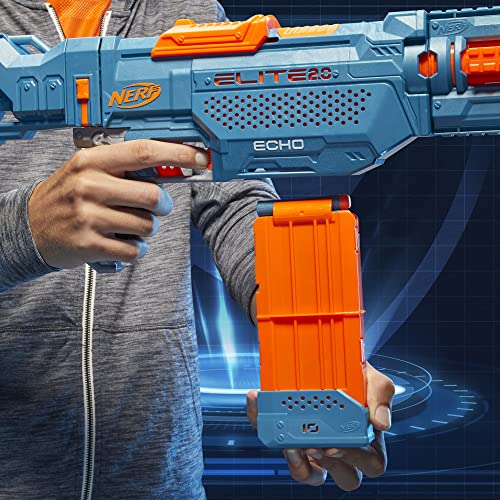 Nerf Elite 2.0 Echo CS-10, Lanzador Dardos, Culata Desmontable, Extensión del cañón, 5 Rieles tácticos, Clip de 10 Dardos, Color Azul, 24 Dardos incluidos