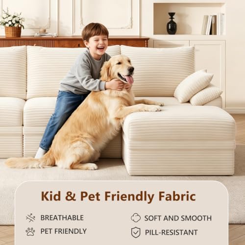 107" Modular Sectional Sofa Boneless Couch with Storage,L-Shape 3 Seat Comfy Modern Cloud Couch Sofa with Ottoman, 27" Deep Seat Corduroy Sofa for Living Room, Tool-Free Assembly - Beige - image 5