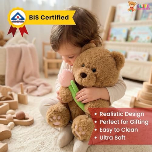 Image of 30 CM Soft Teddy Bear Plush Toy with Flower | Cute Stuffed Brown Bear for Kids | Cuddly Gift Soft Toy for Girls & Boys | Perfect Birthday & Valentine Gift Teddy