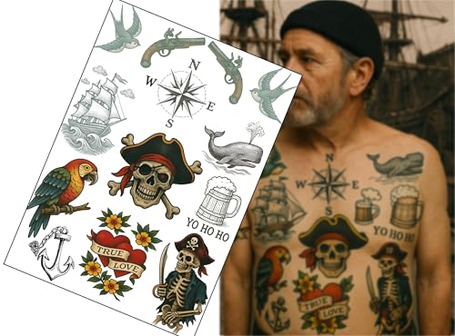 Tatuaggi fugaci di pirati e marinai - 1 foglio A4 - Trasferimenti di tatuaggi nautici vintage - Inchiostro pirata realistico per cinema, teatro e cosplay -