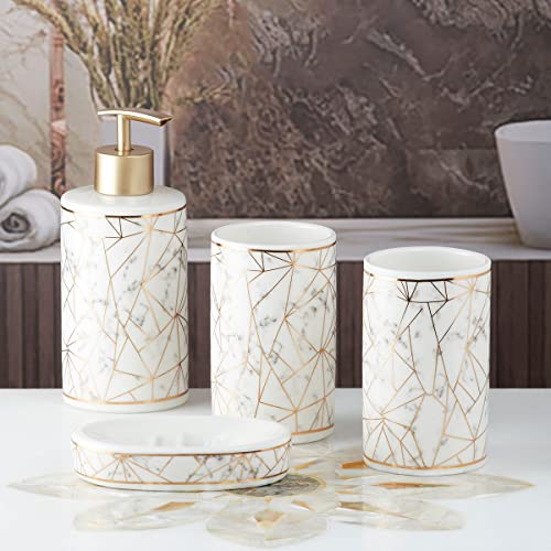 Image of SaSaSa Ceramic Bathroom Accessories Set of 4 Modern Bath Set with Soap Dispenser & Toothbrush Holder, Luxury Home & Gift Idea, White /Gold (9743)